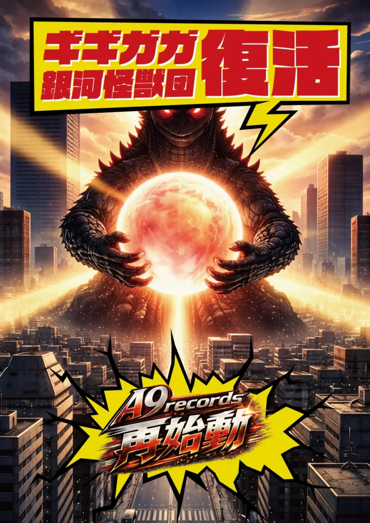 巨大怪獣が都市の中心で発光するエネルギー球を抱え、A9records再始動を告知するビジュアルイメージ