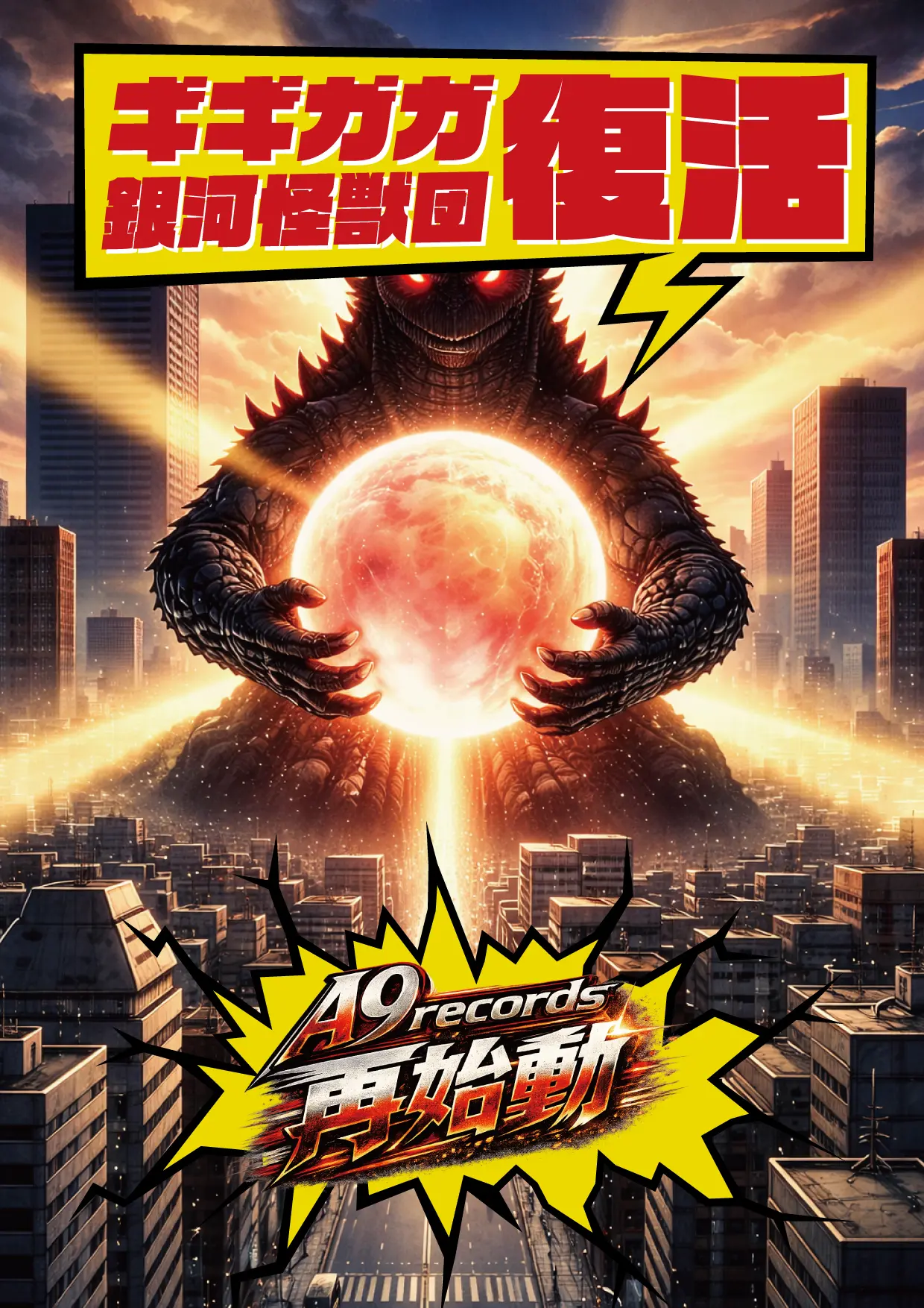 巨大怪獣が都市の中心で発光するエネルギー球を抱え、A9records再始動を告知するビジュアルイメージ